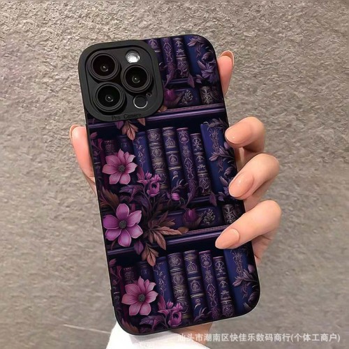For iPhone 17 Air 17 Pro Max 16 15 14 13 12 11 XR Phone Cover Flowers Bookshelf