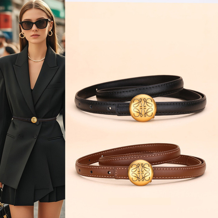 Women's Leather Belt Gold Round Buckle Black Business Casual Jeans dresses suits