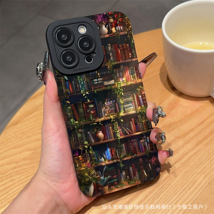 For iPhone 17 Air 17 Pro Max 16 15 14 13 12 11 XR Phone Cover Flowers Bookshelf