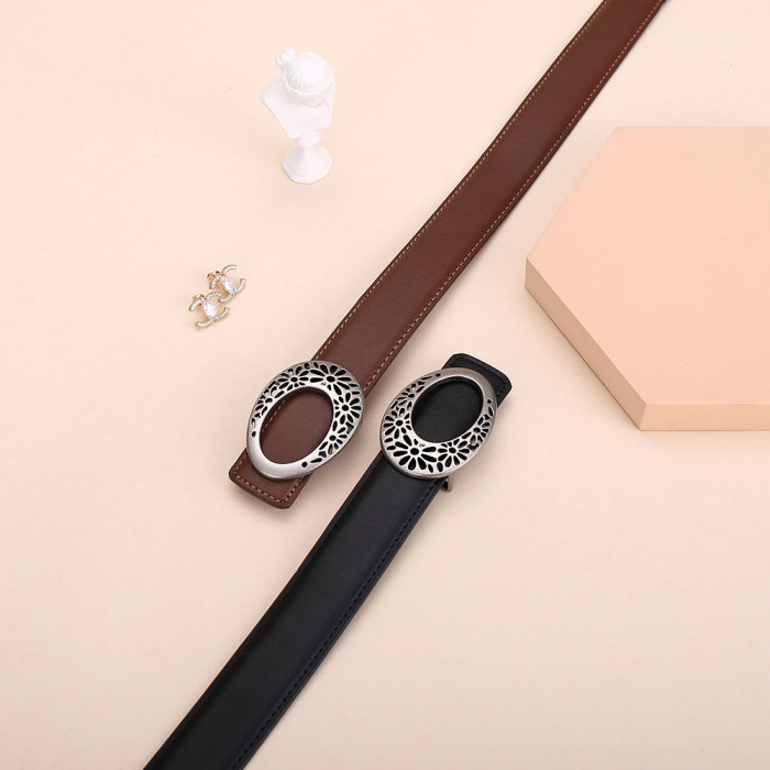 Oval Hollow-Out Leather Belt Black Brown Business Casual Jeans Suits Dresses