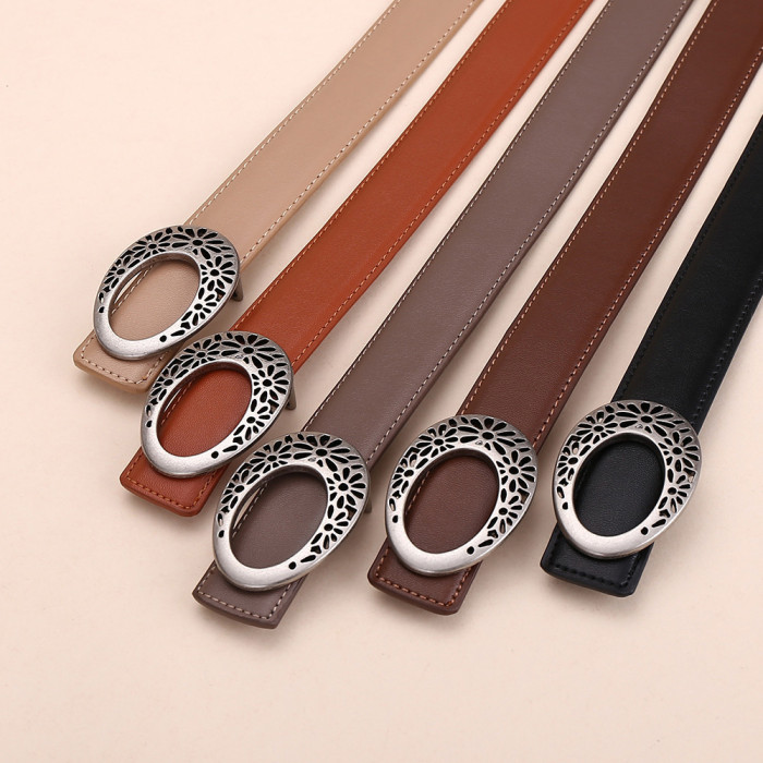 Oval Hollow-Out Leather Belt Black Brown Business Casual Jeans Suits Dresses