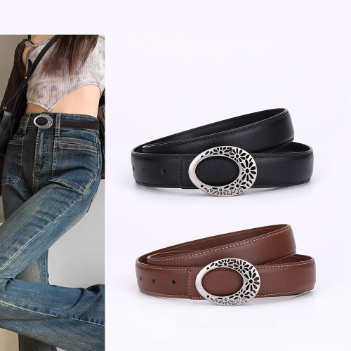 Oval Hollow-Out Leather Belt Black Brown Business Casual Jeans Suits Dresses