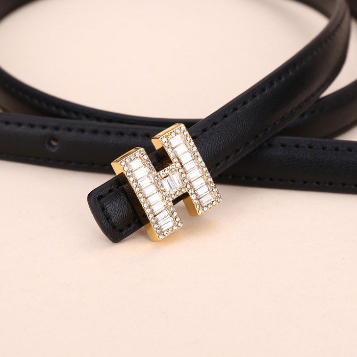 Narrow H Buckle Leather Belt Versatile for Dresses Stylish Business Casual Black