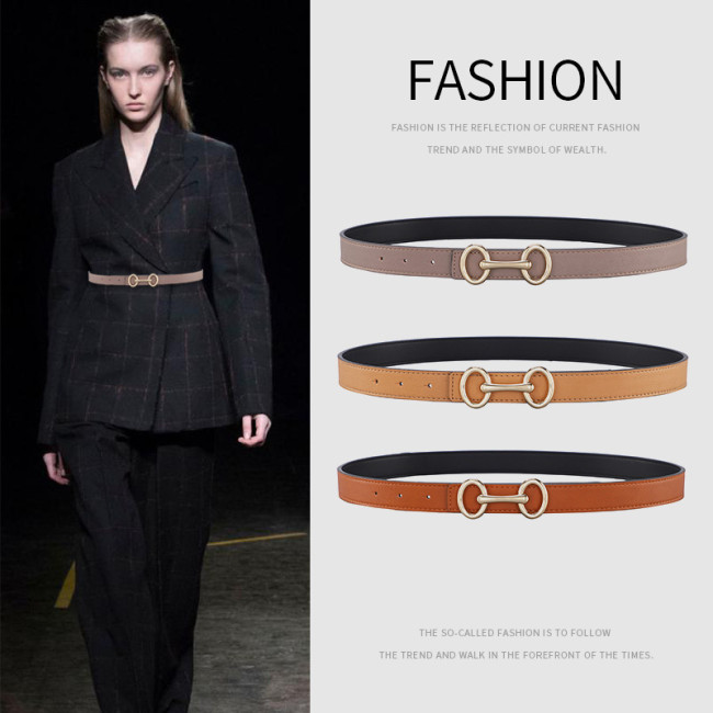Leather Double Ring Buckle Belt Versatile for Jeans Dresses Business Casual blac