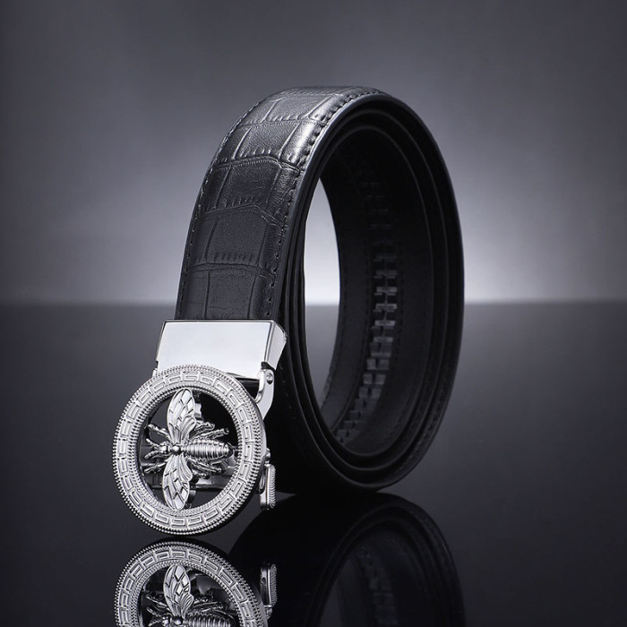 Leather Bamboo Textured Belt with Bee Design Auto Buckle Business Casual Versati