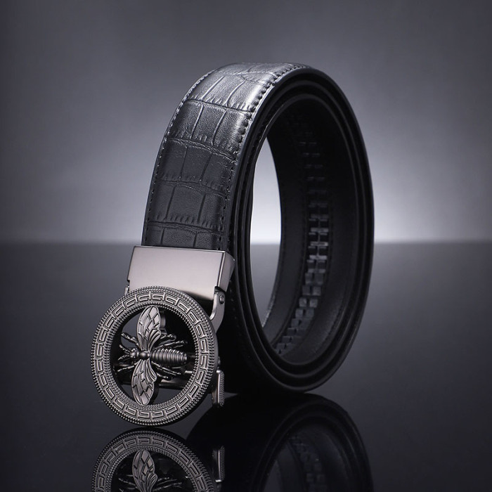 Leather Bamboo Textured Belt with Bee Design Auto Buckle Business Casual Versati