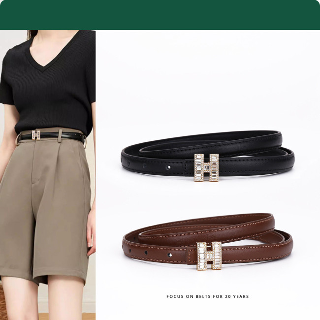 Narrow H Buckle Leather Belt Versatile for Dresses Stylish Business Casual Black