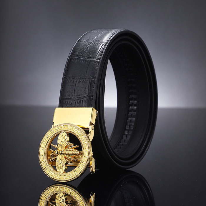 Leather Bamboo Textured Belt with Bee Design Auto Buckle Business Casual Versati