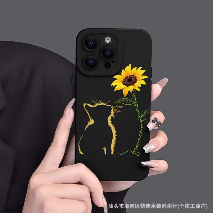 For iPhone 17 Air 17 Pro Max 16 15 14 13 12 11 XR 8 XS Phone Cover Cat Sunflower