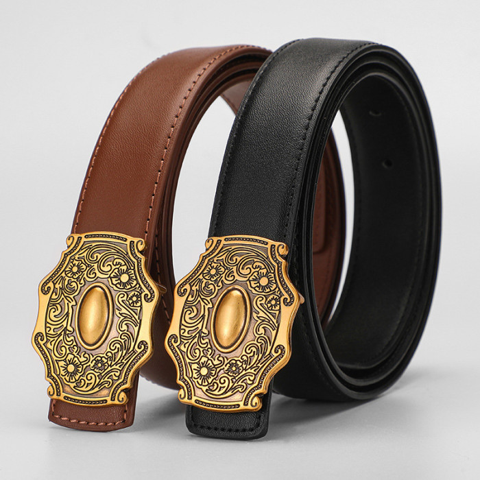 Vintage Engraving Minimalist Leather Belt Versatile for Jeans Business Casual