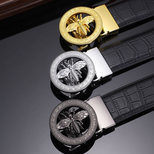 Leather Bamboo Textured Belt with Bee Design Auto Buckle Business Casual Versati