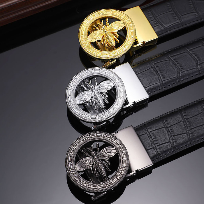 Leather Bamboo Textured Belt with Bee Design Auto Buckle Business Casual Versati