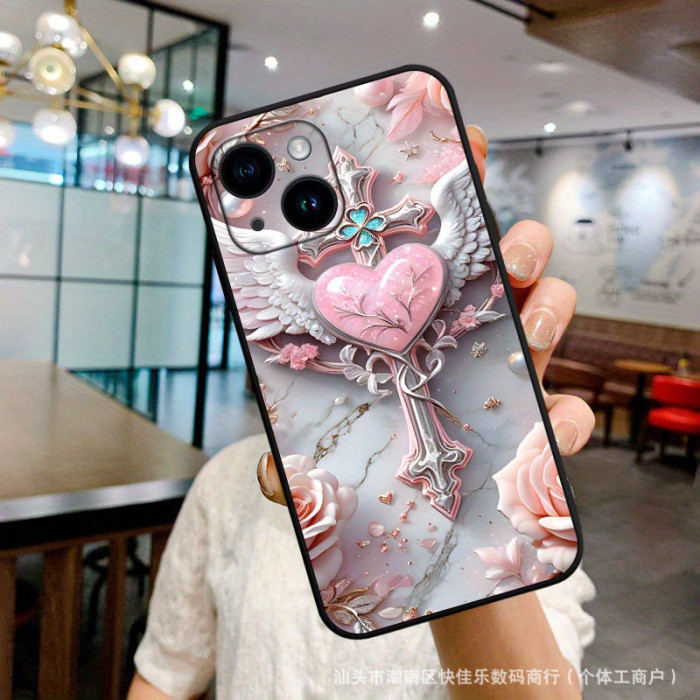 For iPhone 17 Air 17 Pro Max 16 15 14 13 12 Phone Cover Love Cross Angel Wings