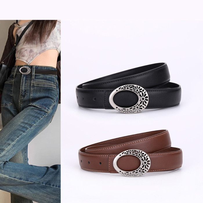 Oval Cut-Out Flowers Leather Belt Versatile for Casual Suits Skirts Trousers