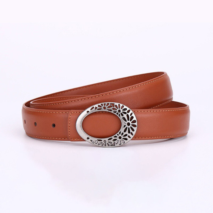 Oval Cut-Out Flowers Leather Belt Versatile for Casual Suits Skirts Trousers