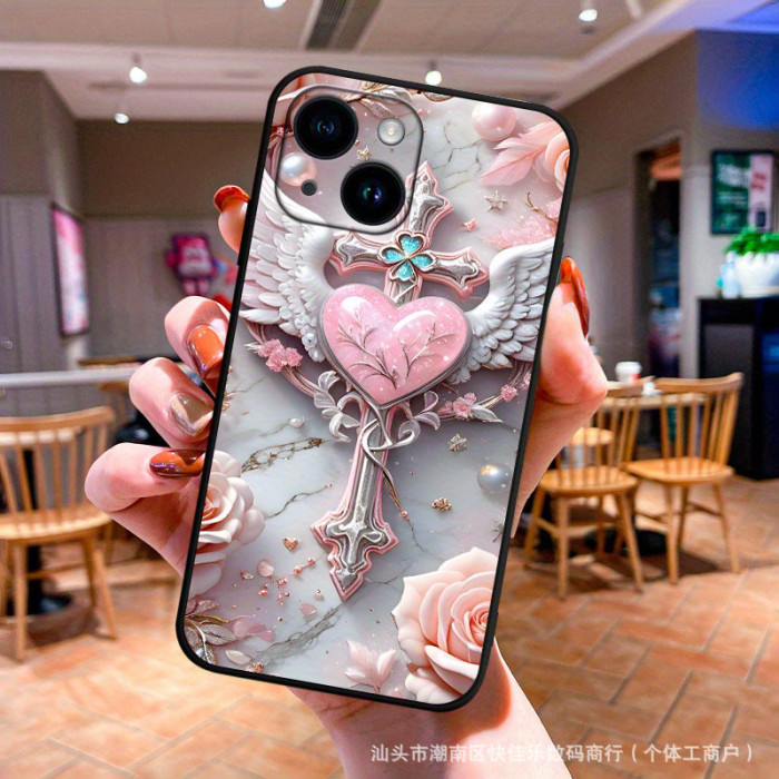 For iPhone 17 Air 17 Pro Max 16 15 14 13 12 Phone Cover Love Cross Angel Wings