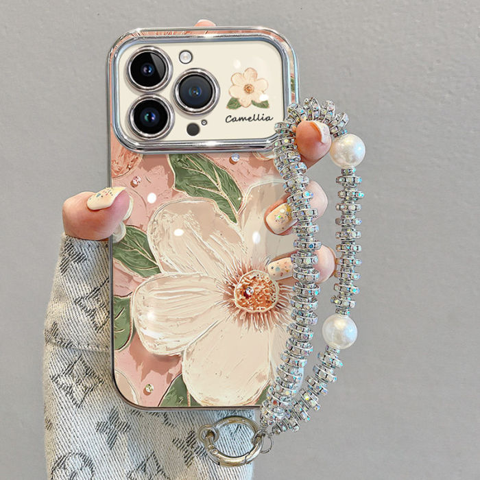 For iPhone 17 Air 17 16 Pro Max 15 14 13 12 11 8 Phone Cover Camellia w/Lanyard bracket