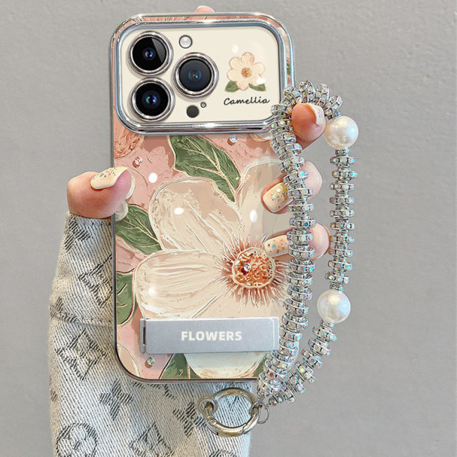 For iPhone 17 Air 17 16 Pro Max 15 14 13 12 11 8 Phone Cover Camellia w/Lanyard bracket
