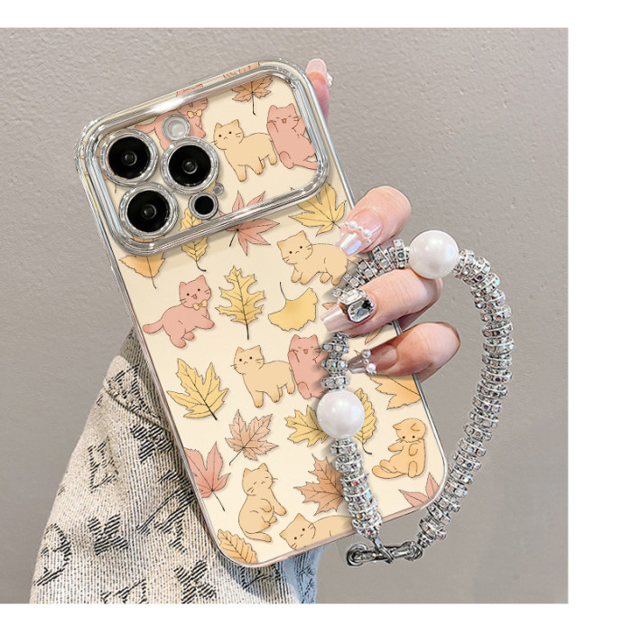 For iPhone 17 Air 17 Pro Max 16 15 14 13 12 11 XR Phone Cover Leaf Cat Bracelet