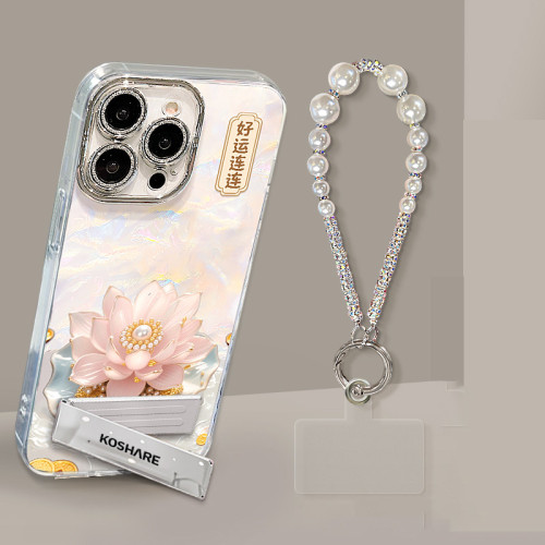 For Apple iPhone 17 Air 17 Pro Max 16 15 14 13 12 11 XR 7 8 XS Phone Case Bracelet Bracket Good Luck Lotus