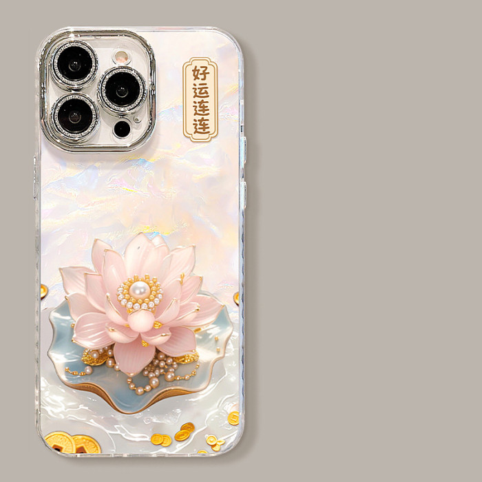 For Apple iPhone 17 Air 17 Pro Max 16 15 14 13 12 11 XR 7 8 XS Phone Case Bracelet Bracket Good Luck Lotus