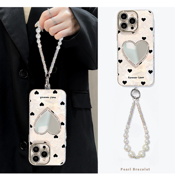 For Apple iPhone 17 Air 17 Pro Max 16 15 14 13 12 11 XR 7 8 XS Phone Case Heart Shape Mirror Bracelet Luxury Advanced Unique Phone protector