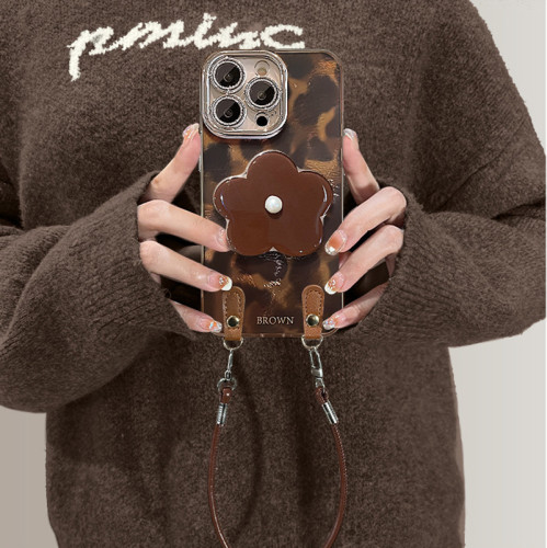 For iPhone 17 Air 17 Pro Max 16 15 14 13 12 XR XS 7 8 Phone Case  Leopard Flower Bracket Lanyard