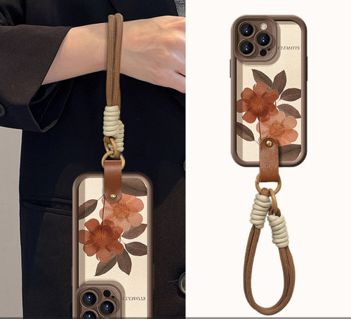 For Apple iPhone 17 Air 17 Pro Max 16 15 14 13 12 11 XR 7 8 XS Phone Case Retro Flower Lanyard Bracelet  Phone protector