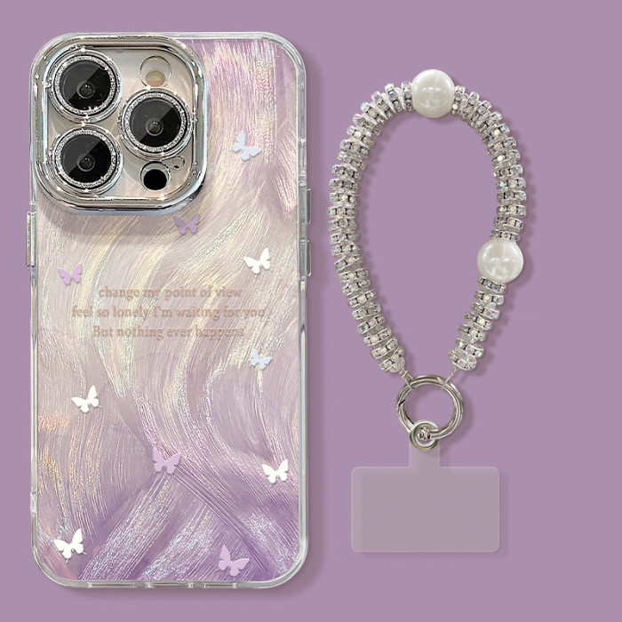 For Apple iPhone 17 Air 17 Pro Max 16 15 14 13 12 11 Phone Case Purple Gradient Butterfly Bracket Bracelet