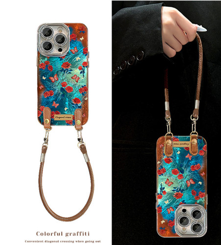 For Apple iPhone 17 Air 17 Pro Max 16 15 14 13 12 11 XR 7 8 XS Phone Case Retro Flower Bracket Lanyard Bracelet  Phone protector