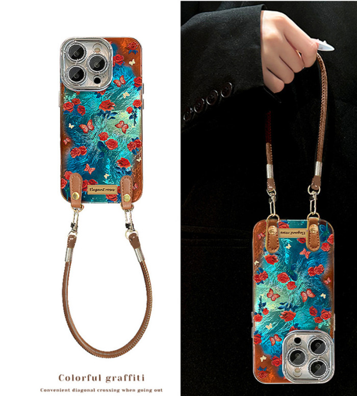 For Apple iPhone 17 Air 17 Pro Max 16 15 14 13 12 11 XR 7 8 XS Phone Case Retro Flower Bracket Lanyard Bracelet  Phone protector