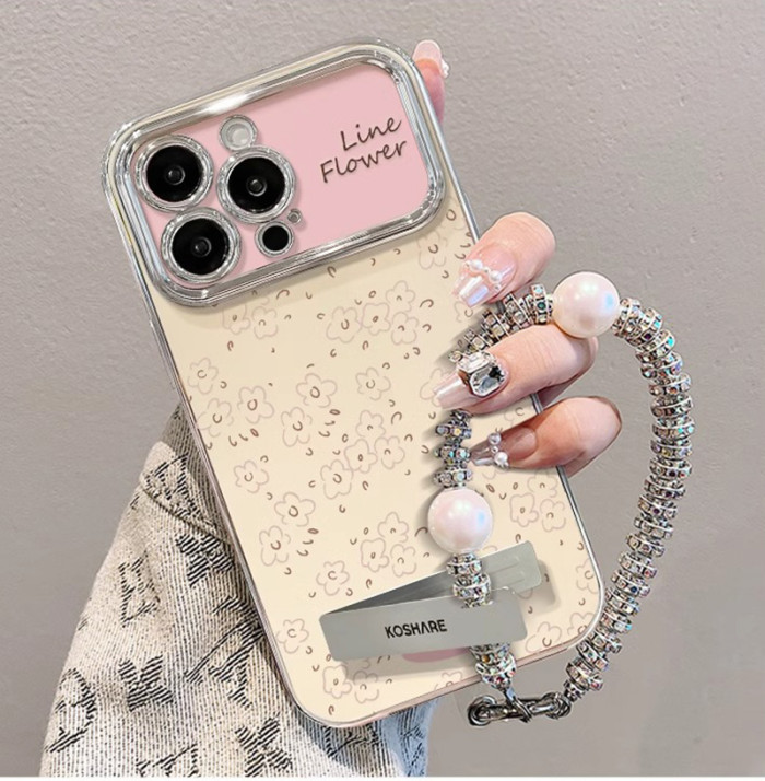 For Apple iPhone 17 Air 17 Pro Max 16 15 14 13 12 11 XR 7 8 XS Phone Case Fresh Floral Bracket Bracelet Unique Phone protector