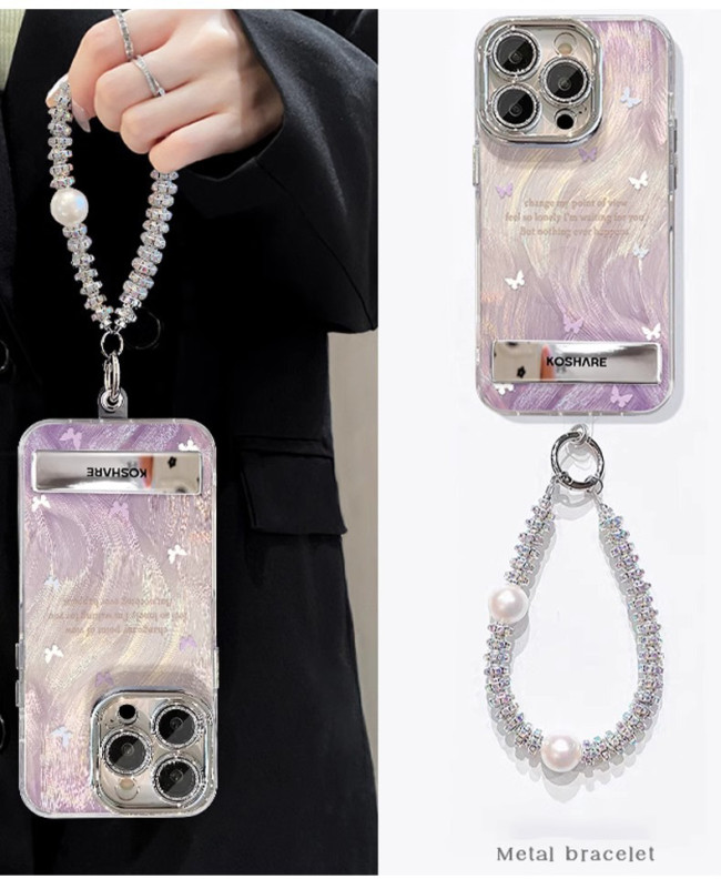 For Apple iPhone 17 Air 17 Pro Max 16 15 14 13 12 11 Phone Case Purple Gradient Butterfly Bracket Bracelet