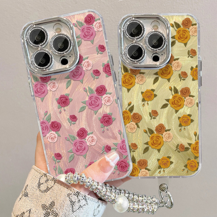 For Apple iPhone 17 Air 17 Pro Max 16 15 14 13 12 11 XR 7 8 XS Phone Case Feather Yarn Lens Protector Rose Bracelet Lanyard