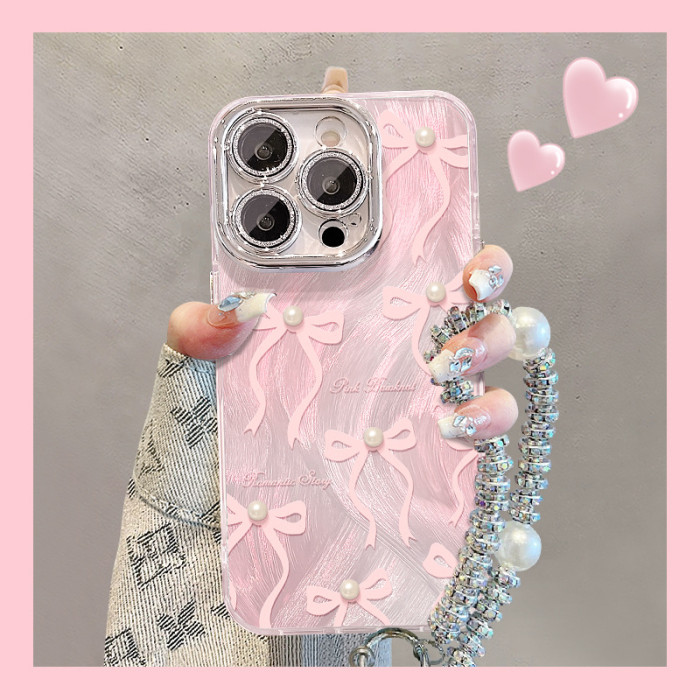 For Apple iPhone 17 Air 17 Pro Max 16 15 14 13 12 11 Phone Case Pearl Bow Chain