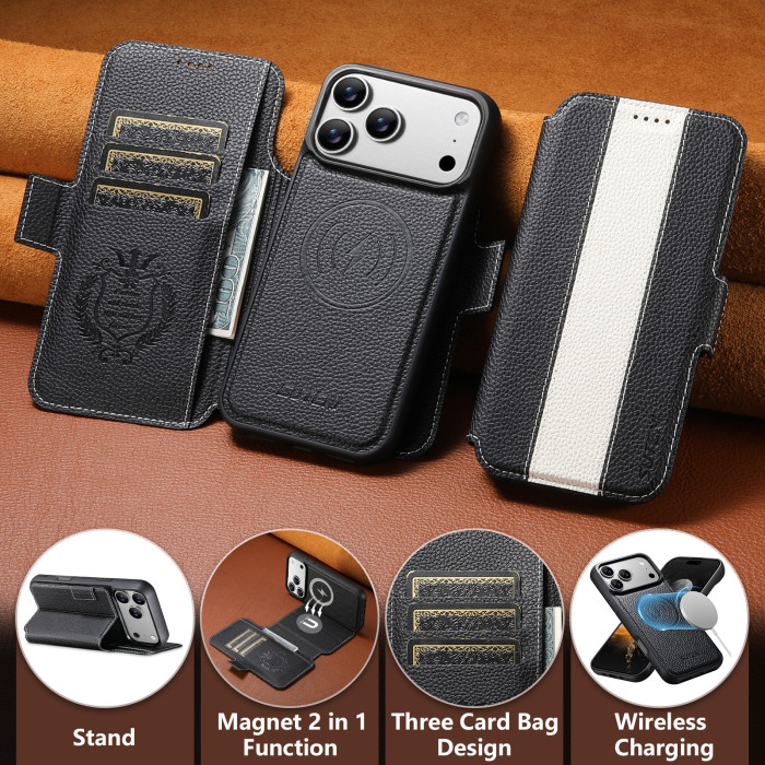For iPhone 17 Air 16 Pro Max 15 14 13 12 11 8 7 XR XS Phone Case Leather Wallet Wireless Charging Bracket