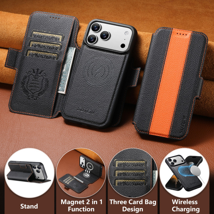 For iPhone 17 Air 16 Pro Max 15 14 13 12 11 8 7 XR XS Phone Case Leather Wallet Wireless Charging Bracket