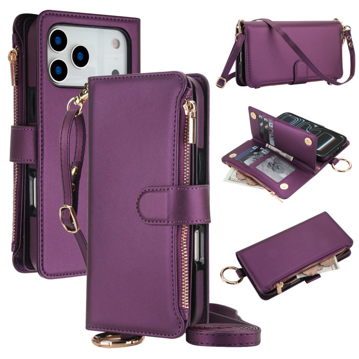 For iPhone 17 Air 16 Pro Max 15 14 13 12 11 8 7 XR XS Phone Case Leather Wrist Strap Wallet
