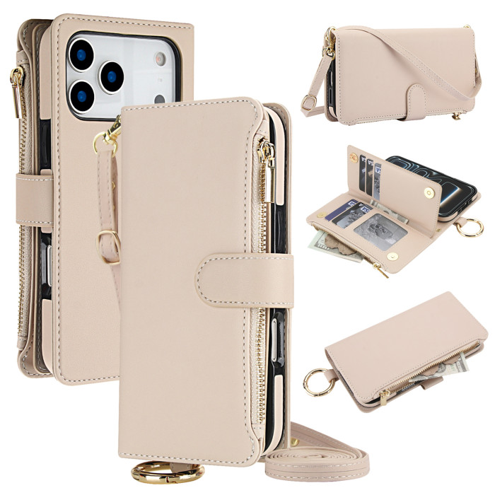 For iPhone 17 Air 16 Pro Max 15 14 13 12 11 8 7 XR XS Phone Case Leather Wrist Strap Wallet