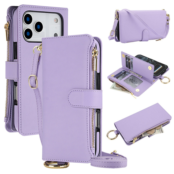 For iPhone 17 Air 16 Pro Max 15 14 13 12 11 8 7 XR XS Phone Case Leather Wrist Strap Wallet