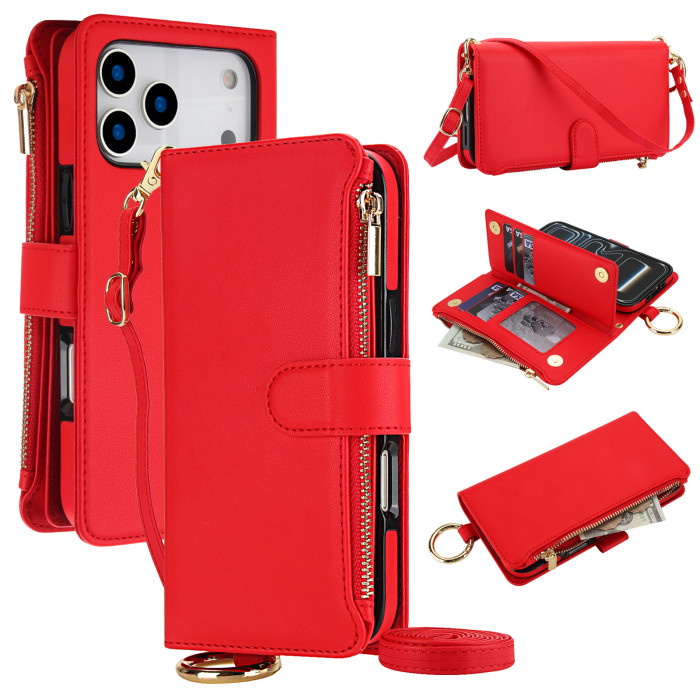 For iPhone 17 Air 16 Pro Max 15 14 13 12 11 8 7 XR XS Phone Case Leather Wrist Strap Wallet