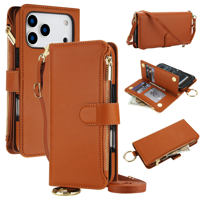 For iPhone 17 Air 16 Pro Max 15 14 13 12 11 8 7 XR XS Phone Case Leather Wrist Strap Wallet