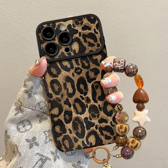 For Apple iPhone 17 Pro Max 16 15 14 13 12 11 Phone Cover Vintage Leopard Print Lanyard Bracelet