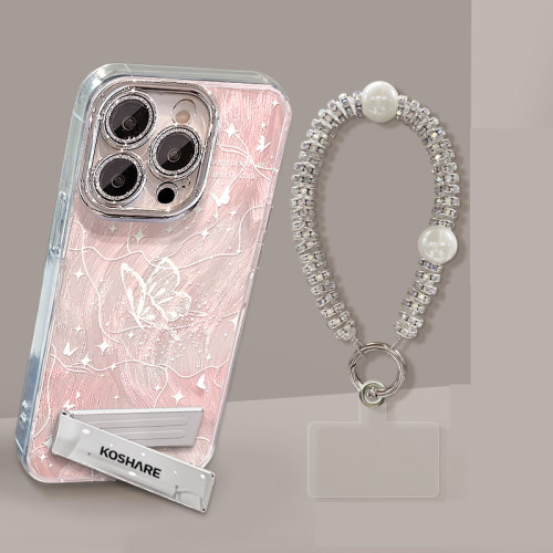 For Apple iPhone 17 Pro Max 16 15 14 13 12 11 Phone Cover Fantasy Butterfly Bracelet Bracket Feather Yarn