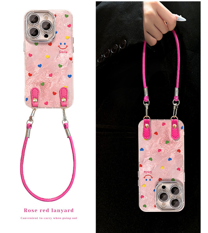 For Apple iPhone 17 Pro Max 16 15 14 13 12 11 Phone Cover Love Smiley Face Lanyard Glacier Pattern