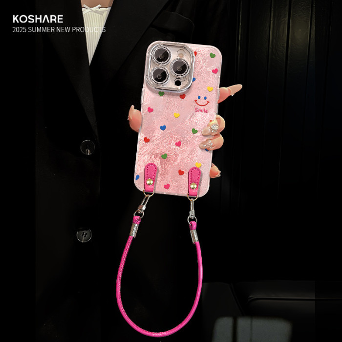 For Apple iPhone 17 Pro Max 16 15 14 13 12 11 Phone Cover Love Smiley Face Lanyard Glacier Pattern