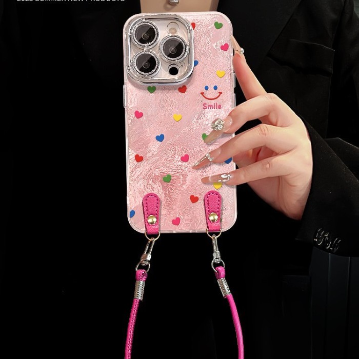 For Apple iPhone 17 Pro Max 16 15 14 13 12 11 Phone Cover Love Smiley Face Lanyard Glacier Pattern