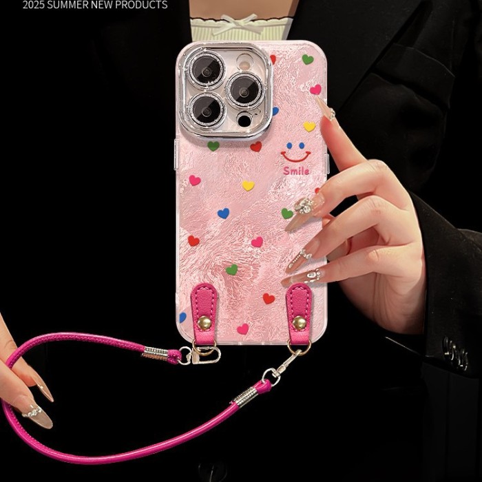 For Apple iPhone 17 Pro Max 16 15 14 13 12 11 Phone Cover Love Smiley Face Lanyard Glacier Pattern