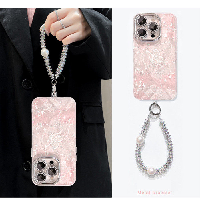 For Apple iPhone 17 Pro Max 16 15 14 13 12 11 Phone Cover Fantasy Butterfly Bracelet Bracket Feather Yarn