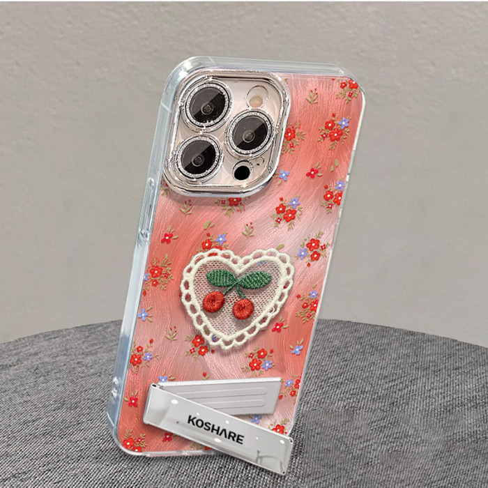 For Apple iPhone 17 Pro Max 16 15 14 13 12 11 Phone Cover Embroidered Cherry Bracket Chain Bracelet